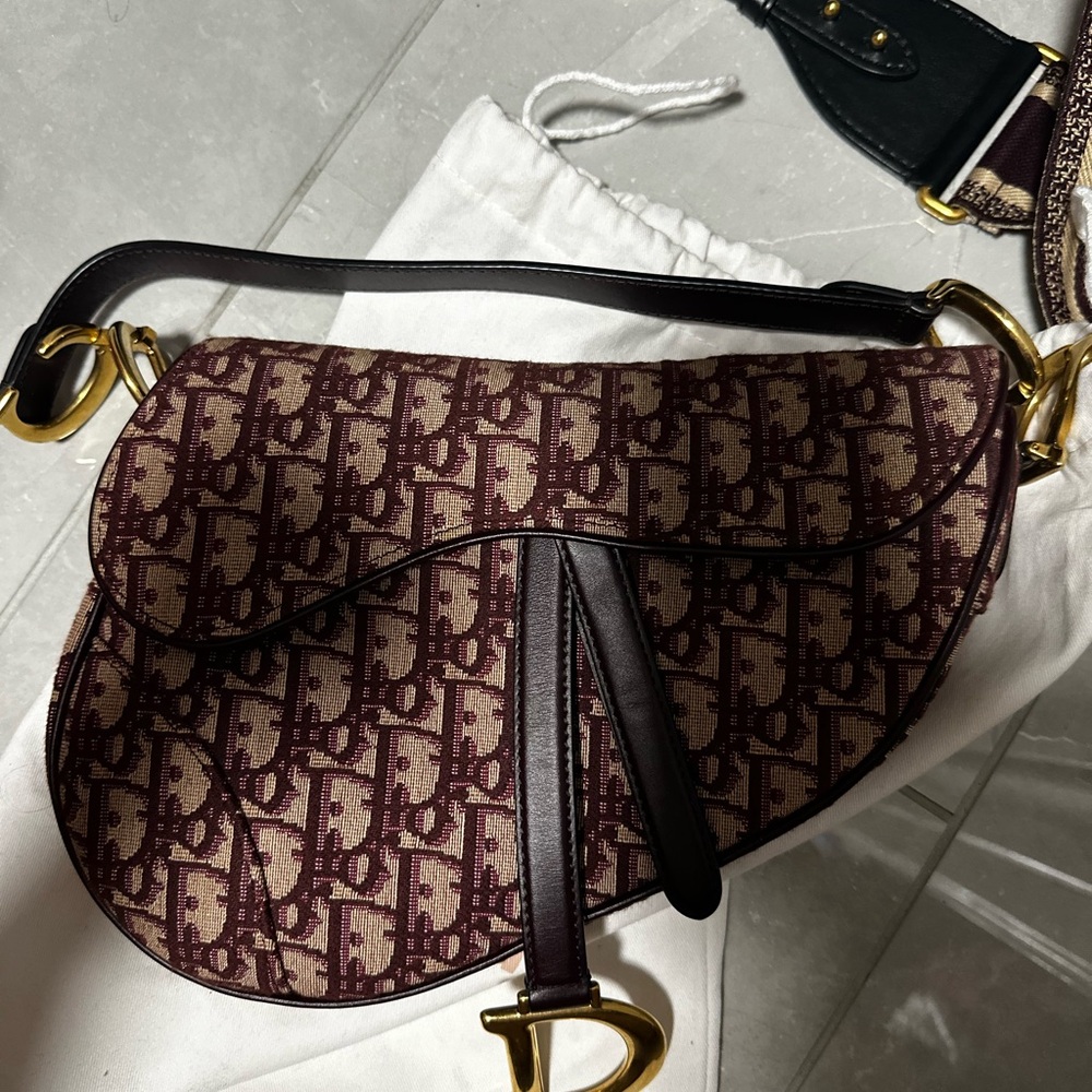 Dior Saddle Bag in Burgundy and Gold Accents